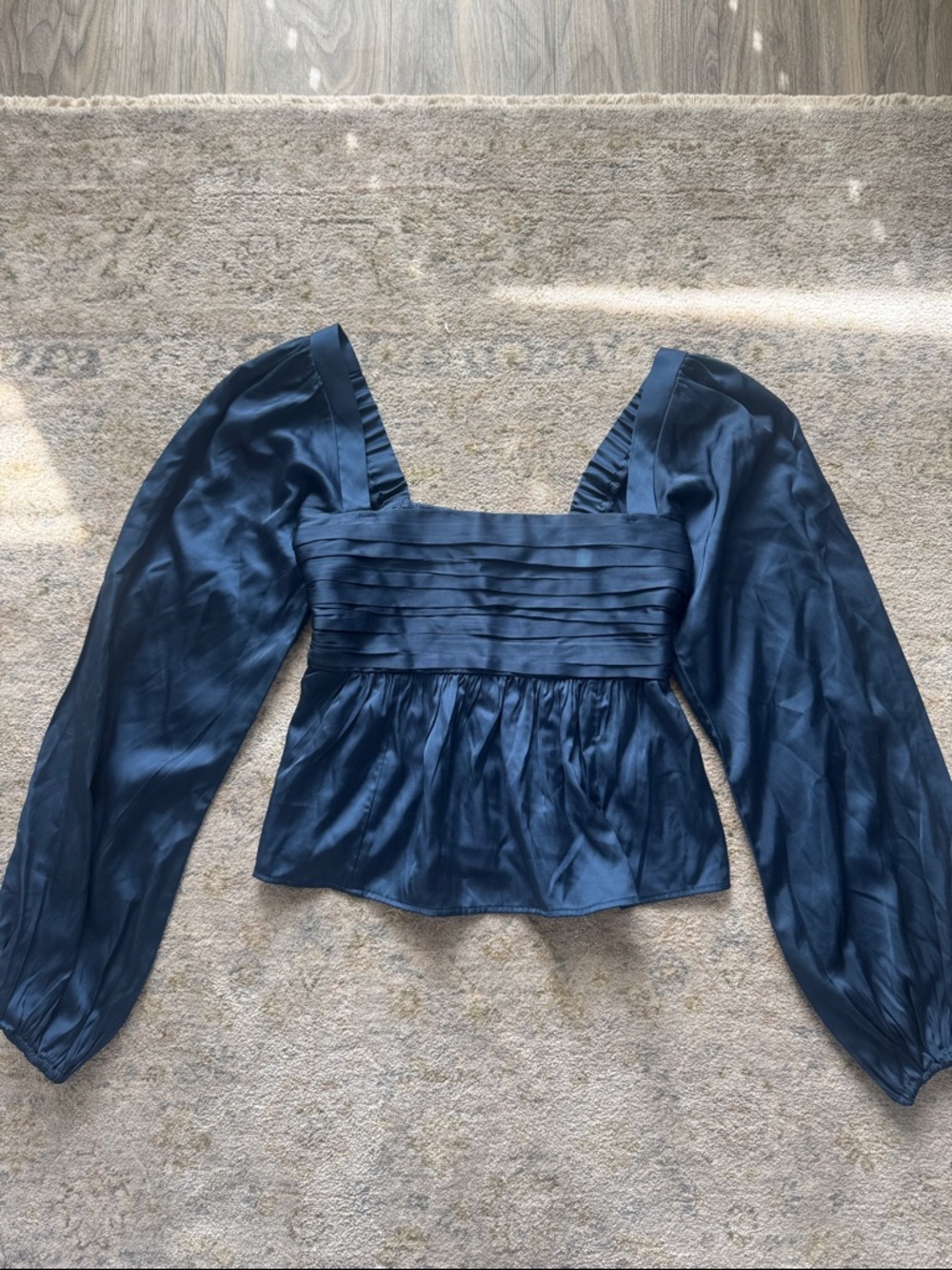 Abercrombie & Fitch Navy Pleated Square-Neck Puff-Sleeve Top